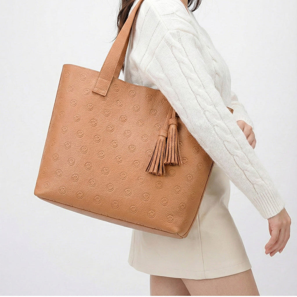 Smile Embossed Leather Tote